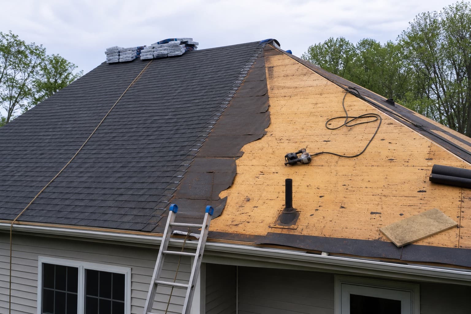 Newly installed dark asphalt shingle roof on a residential home