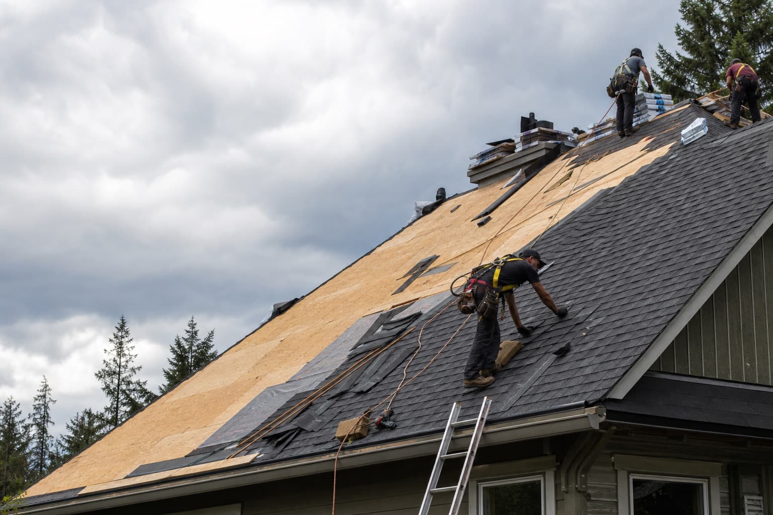 Roofing crew replacing a residential roof, tearing off old shingles and installing new dark architectural shingles