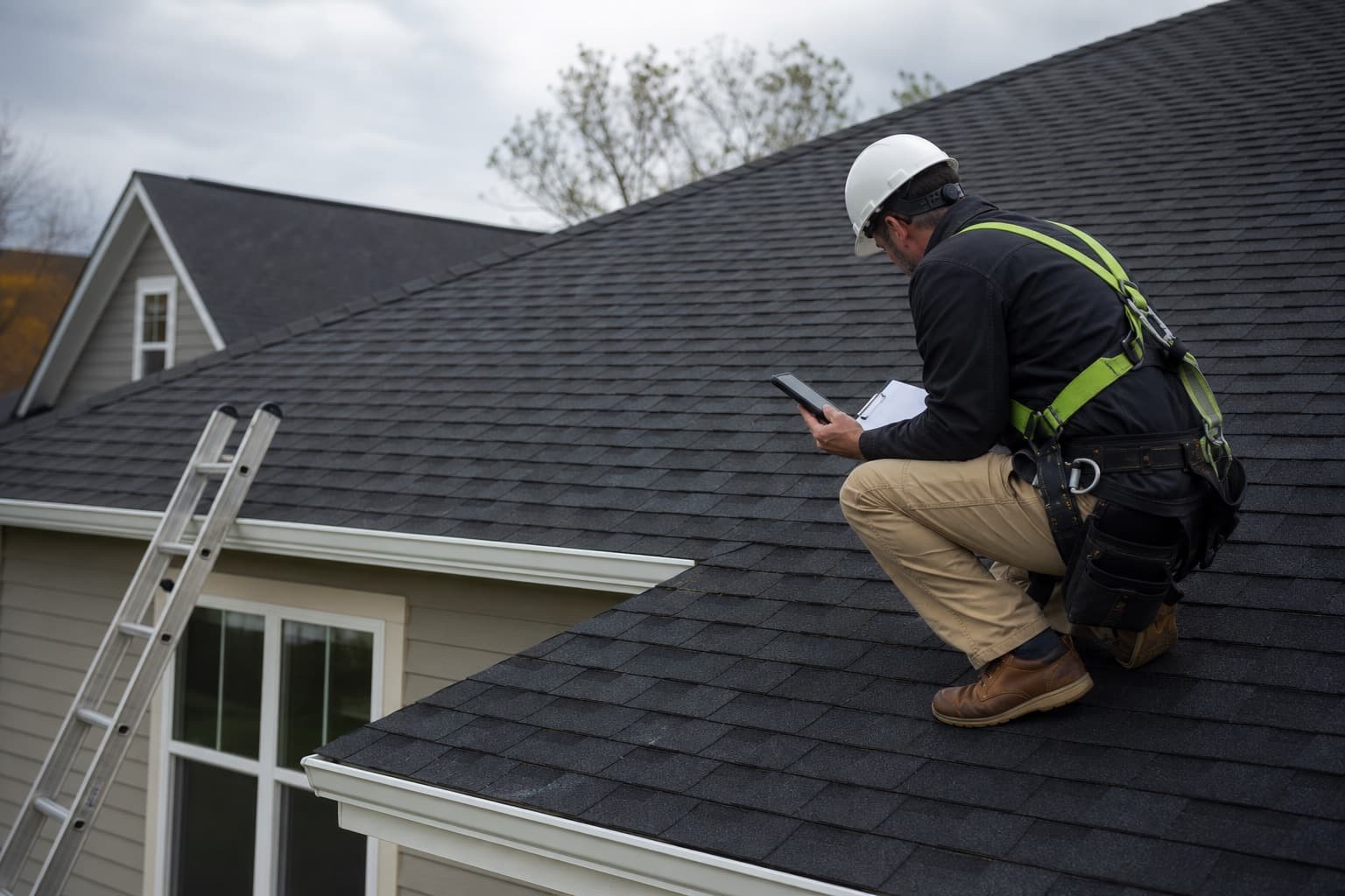 Roofing inspector examining shingles during a residential roof inspection