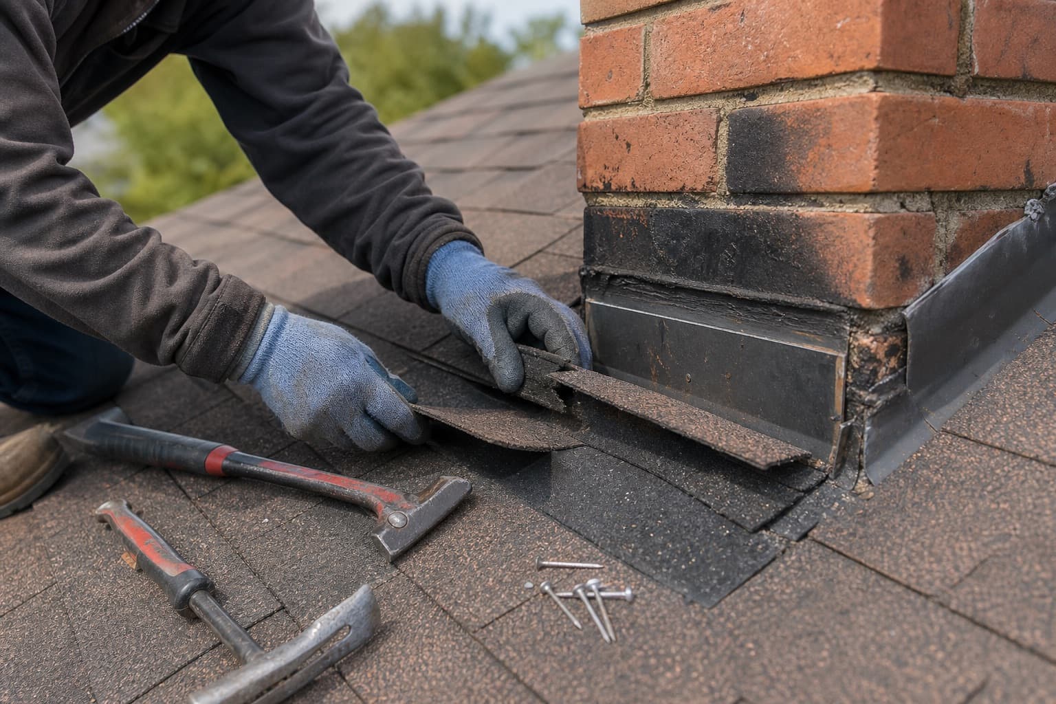 Roofer repairing asphalt shingles and flashing on a residential roof