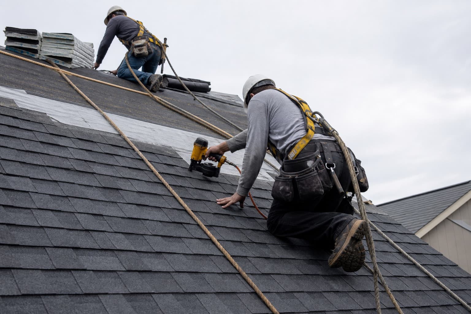 Roofers installing new asphalt shingles on a residential roof